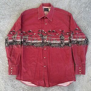Wrangler Brushpopper Vintage Pearl Snap Shirt Horses Mountain Red Graphic Large